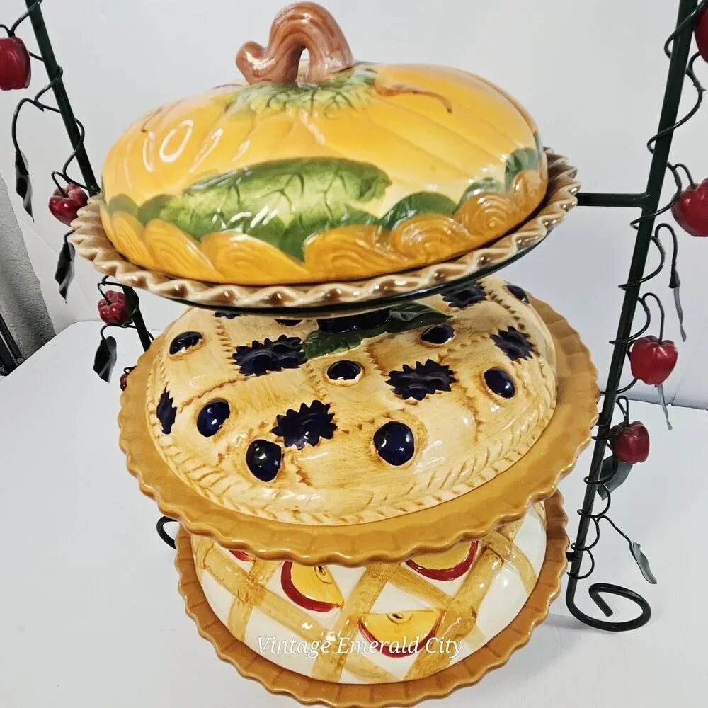 Vtg 3 Tier Iron Serving Stand Ceramic Decorative Covered 3D Pie Keeper Apples
